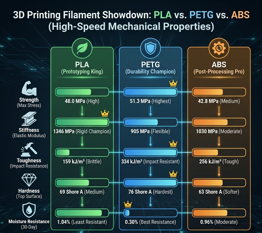 Mechanical Properties of PLA, PETG, and ABS parts Printed on a core xy 3D Printer
